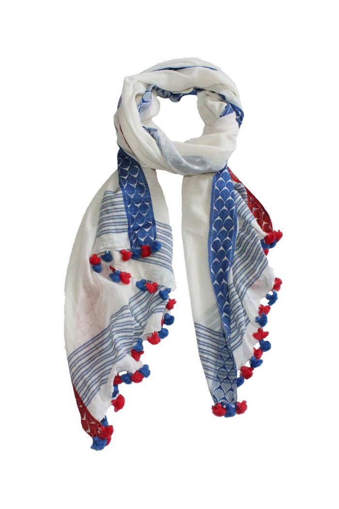 80% Cotton + 20% Viscose Handloom Woven Scarf With Pompom