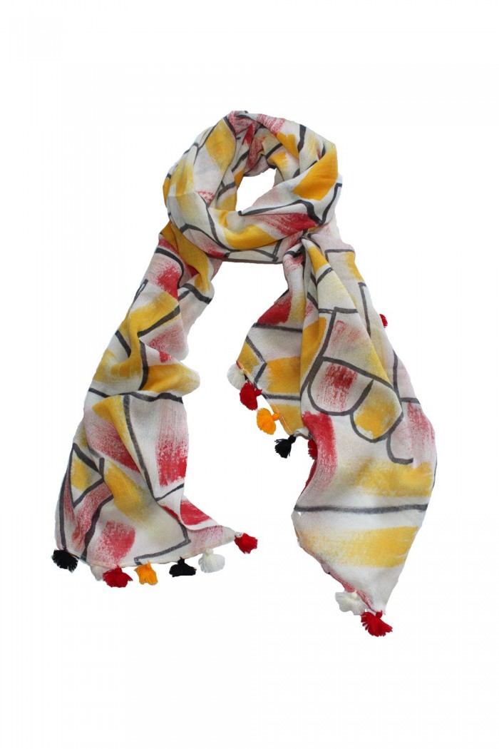 100% Woolen Printed Scarf With Pompom