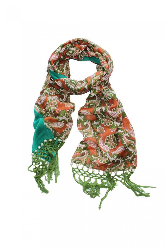 100% Woolen Printed Scarf With Bead & Fringes