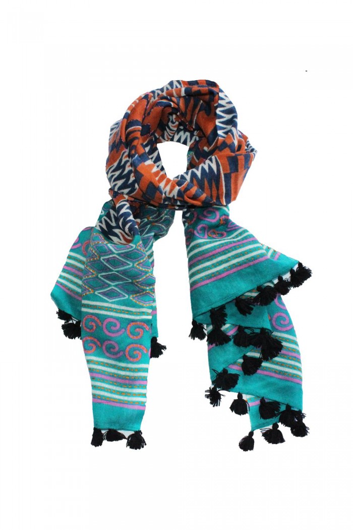 100% Woolen Printed Scarf With Pompom