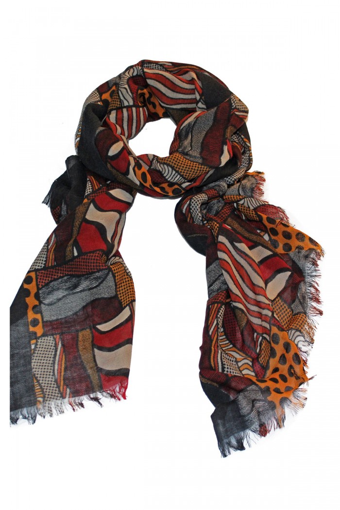 100% Woolen Screen Printed Scarf With Self Fringes.