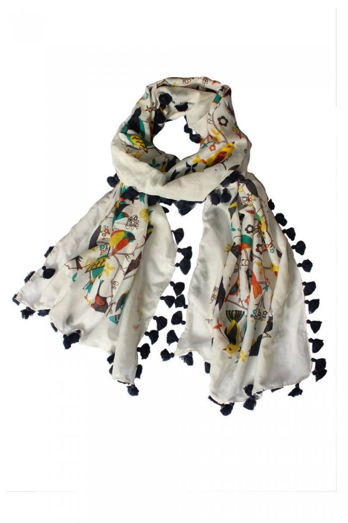 70% Cotton + 30% Silk Screen Printed Scarf With Pompom.