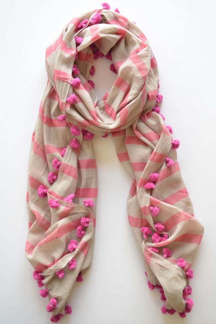 100% Fine Cotton Handloom Woven Scarf With Pompom