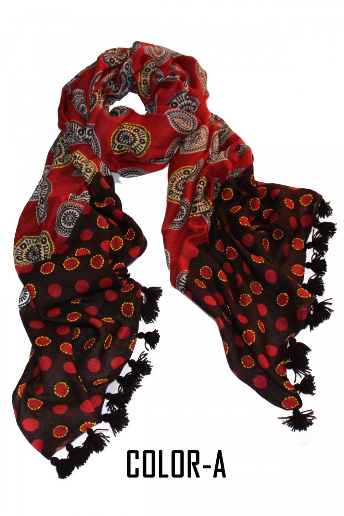 80% Modal + 20% Wool Screen Printed Embroidery Highlighted Scarf With Pompom