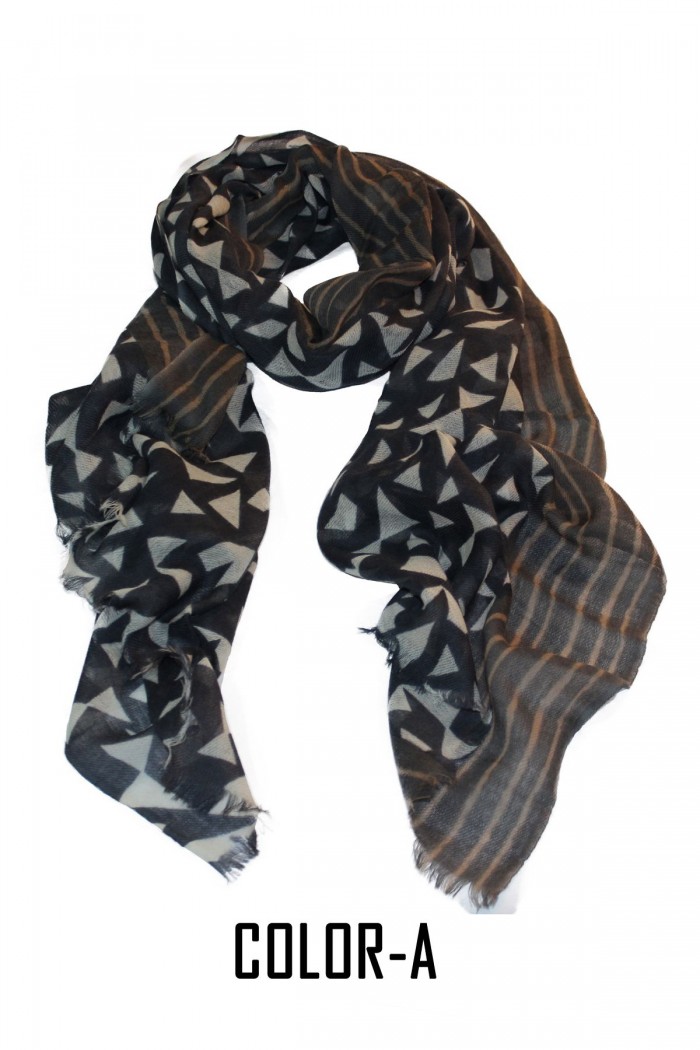 100% Woolen Screen Printed Scarf With Self Fringes.