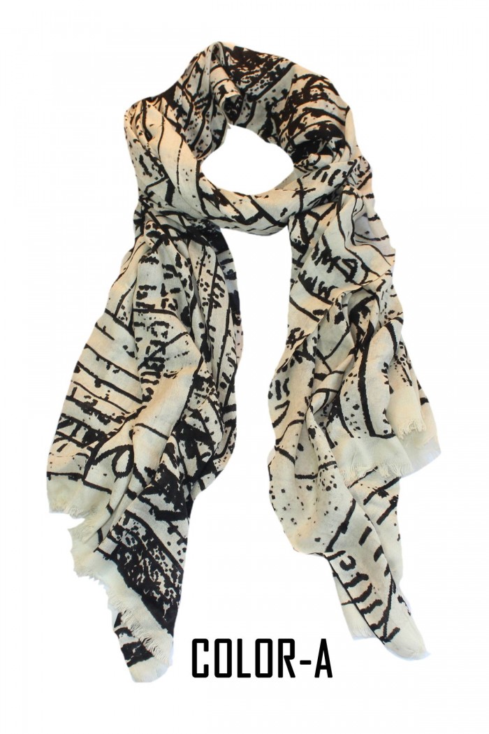 Luxurious Silk Wool Screen Printed Scarf With Self Fringes.