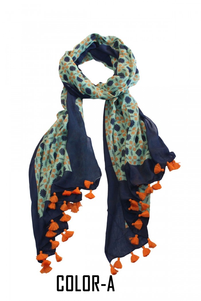 Cotton Modal Screen Printed Scarf With Pompom